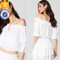 Branco Off-ombro de comprimento de três quartos manga babados verão Top fabricação atacado moda feminina vestuário (TA0086T)